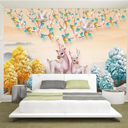 Custom wallpaper 3d mural hand-painted elk three-dimensional relief rich tree Nordic minimalist background wall living room Обои
