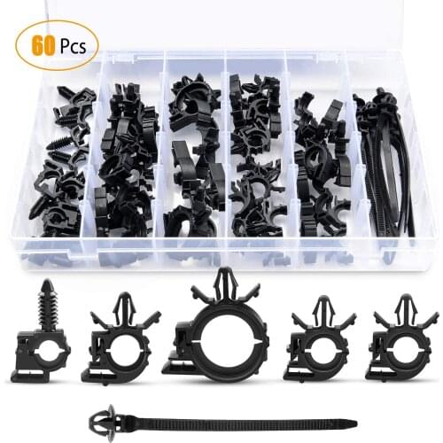 KADIHUI 60Pcs Car Wire Loom Routing Clips Assortment - 6 Different Sizes Universal Wiring Harness Routing Clip Replacement Parts