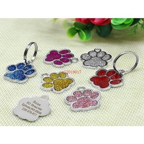 Glitter Paw Shaped Puppy Dog Tag 7 Colors Cat Pet Name Brand ID Card Wholesale