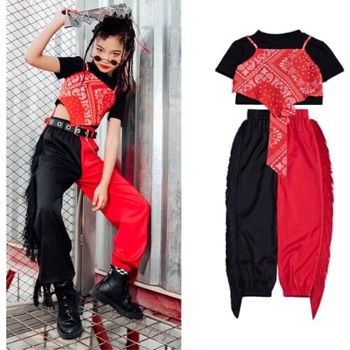 Red Crop Top Fringed Pants for Girls Modern Outfit Childrens Hip-hop Street Dance Performance Costumes Jazz Dance Set XS1237