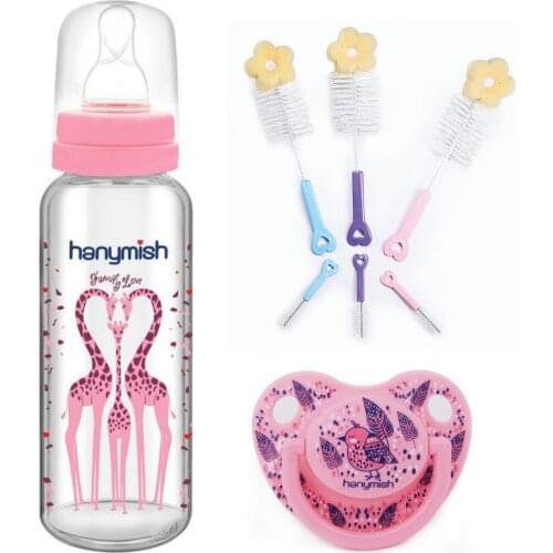 Hanymish Cam Biberon 240 ml, Biberon ve Emzik Temizleme Fırçası Ve Damaklı Emzikten Oluşan Yenidoğan Bebek İçin 3'lü seti