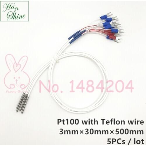 5PCS PT100 Temperature Sensor 3mm * 30mm Platinum Resistance RTD Probe 3-Core White FEP Wire 500mm Waterproof Oil Proof