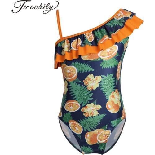 Girls Swimwear One Piece Children Swimsuits Lemon Printed Ruffled One-shoulder Swimsuit Girls Summer Bathing Suit wimming Suit
