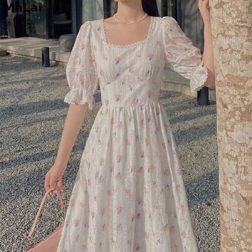 For Females Korean Style Office Lady 2021 Summer Kawaii Elegant Dress Women Square Collar Floral Sweet Dress Beach Party Dress