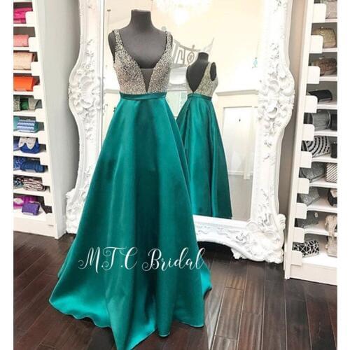 Exquisite Sliver Beads Long Evening Dress Backless V Neck A Line 2019 Satin Formal Women Dresses Custom Made Party Gowns Cheap