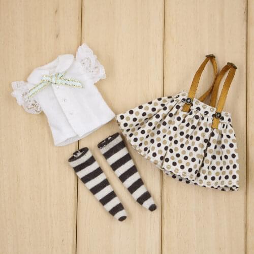 Outfits for Middie Blyth doll Lace sleeve shirt with Spot strap skirt suit for 20cm 1/8 BJD