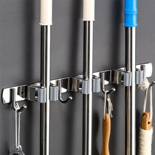 Wall Mounted Broom Holder Mop Brush Mops Storage Hanger with Hooks Stainless Steel Multi-Purpose Rack Kitchen Bathroom Organizer