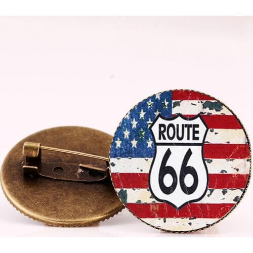 NEW Artistic Picture Glass Dome Pins USA Route 66 Sign Brooches Men And Women Charming Gifts Bronze Silver Color Brooch Jewelry