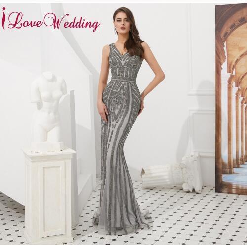 ILoveWedding Gorgeous V Neck Gray Sequins Prom Gown Sleeveless Formal Long Mermaid Prom Dress Party Real Photo