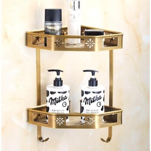 Bathroom Shelves Carved Total Brass Soap Dish Bath Shower Shelf Bath Shampoo Holder Basket Antique Corner shelf Deck Mounted