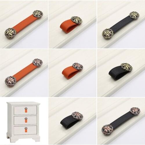 Leather Handle Bronze Flower Head 75/157mm Pull Single/Double Hole Belt Knob w/screw Antique Retro Furniture Black/Orange