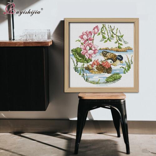 RUYISHIJIA Counted Cross Stitch Set Starter Embroidery Kits Cute Pattern For Beginners Lovely Animal Together Forever Ducks
