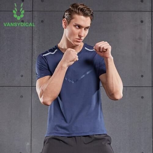 Vansydical Sports Running T-shirts Men Quick Dry Gym Short Sleeve Stretchy Fitness Training Jogging Workout Sportswear Tops
