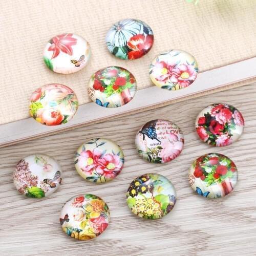 TYLFNL 50 pcs mix Glamor flower Pattern Round Glass Cabochon 16mm 18mm Dome Flat Back DIY Jewelry Finding S-010404