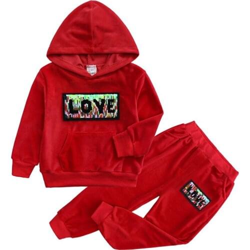 Spring Love Sequin Letter Decoration Velvet Hoodies + Pants 2 Pcs Baby Girls Clothing Set Children New Years Birthday Present