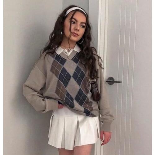 Knitted V Neck Sweater Women Plaid Warm Pullover Autumn Casual Geometry Argyle Jumper Female Preppy Style Vintage Streetwear