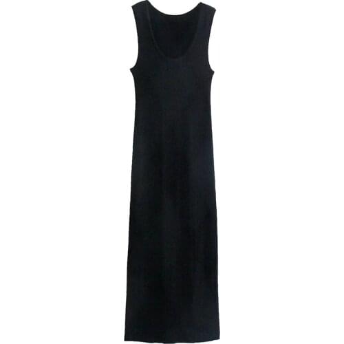 XEASY 2021 Women Black Vintage Casual Knitted Dress Female Fashion Streetwear Big Round Neck Slim Sleeveless Midi Dresses