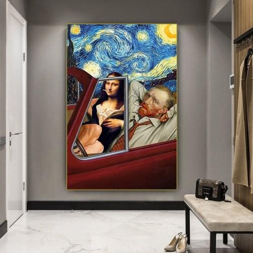 Funny art painting Van Gogh and Mona Lisa smoking on the car Home printing wall cloth painting for Living Room Decor