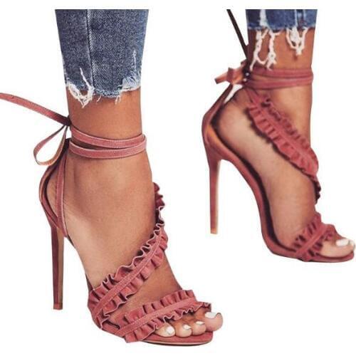 Drop Shipping Summer New Women Brand White/Burgundy/Green/Red Lotus Leaf Flounce Gladiator Cuts Out Lace Up High Heel Sandals