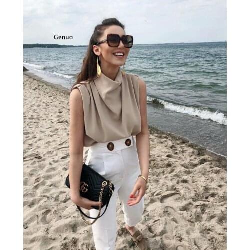 Women Elegant Stand Collar Soft Shirts 2021 Summer Fashion Ladies Stylish Loose Blouses Casual Female Tops Girls Chic