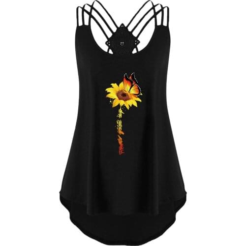 Black Tops For Female Blusas Mujer De Moda 2021 Womens Summer Sunflower Print Sleeveless Back Cross Strap Cassette Tank Tops