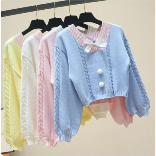 Korean Style White Knitted Sweater Women Sweet V Neck with Bow Vintage Pullover Femme Long Sleeve Knitwear Crop Top Pink Jumper