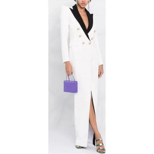 Elegant Black White Hit Color Suit Collar Suit Dress 2021 New Arrival Chic Double Breasted Charm Deep V Women Dress For Spring