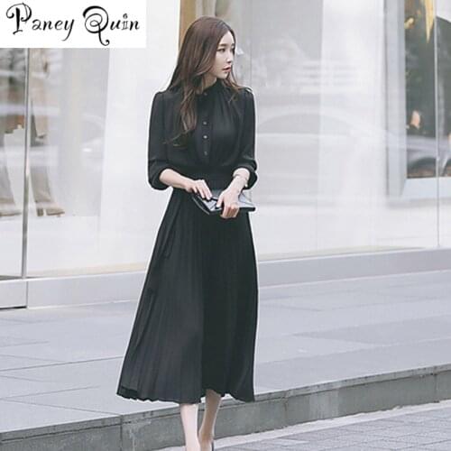 AUTUMN Elegant Single Breasted Women Pleated Dresses Full Sleeve Slim Waist A-line Dresses Casual Female Long Vestidos
