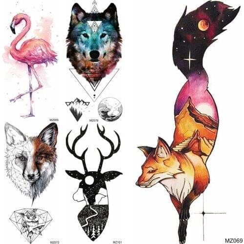 Watercolor Flamingo Bird Temporary Tattoos For Women Body Art Arm Fake Deer Tattoo Sticker Wolf Fox Waterproof Girl Tatoos Sheet