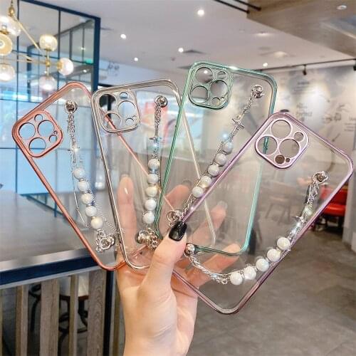 Plating 3D Pearl Chain Wrist Bracelet Phone Case for IPhone 11 12 Pro Max Soft Back Cover For IPhone X XS Max XR Coque Funda