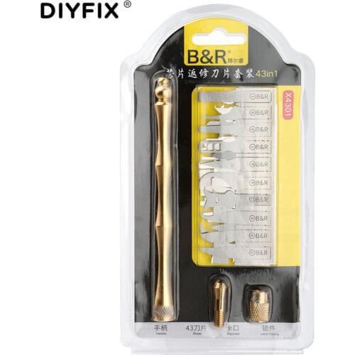 DIYFIX BGA Repair Knives IC Chip CPU Remover Disassemble Rework Tool Handle with 43Pcs Blades for Logic Board Repair Tools Set