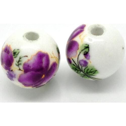 DoreenBeads 30PCs Purple Flower Pattern Round Ceramic Beads 12mm( 4/8")Dia. (B20817)