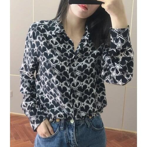 Elfbop Ladies Silk 100% Star Printed Long Sleeve Lapel Blouse Shirt Top