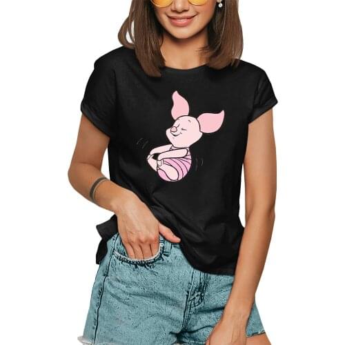 Women Winnie the Pooh Piglet Black T-shirts Female Short Sleeve Kawaii Tees Summer Black Clothing Harajuku Girl Tops