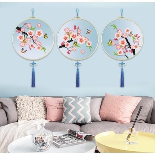 2019 Round frame DIY embroidery Triplet of Chinese scenery landscape, living room and bedroom decorative hangin painting