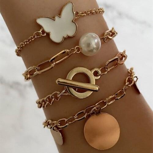 4 Pcs/Set Women Bracelets Set Boho Pearl Butterfly Disc Pendant Gold Color Cuff Bracelet Ladies Charm Beach Party Jewelry