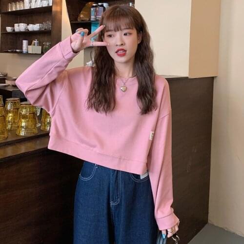 Korean Female Crop Top 2021 Autumn O-Neck Long Sleeve Solid Color All-Match Short Pullover Women Loose Vintage Basic Sweatshirt