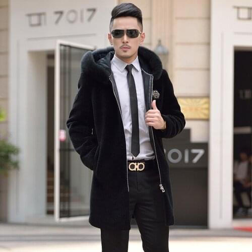 Fur Fox Fur Collar Hooded Badge Mens Fur One Mid-length Slim Winter Shearling Jacket