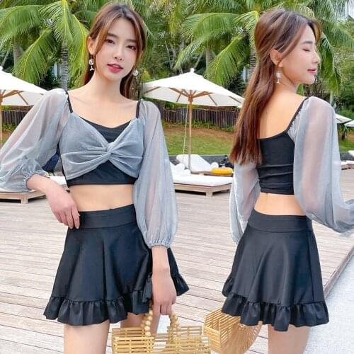 2021 New Fashion Split Long Sleeve Swimsuit Covering Flesh and Skinny Sunscreen Girl High Waist Fairy Swimsuit