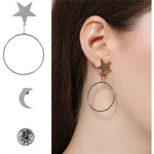 Charm Lovely Silver Color Star Moon Stud Earrings Simple Crystal Star Big Round Circle Brincos Earrings Women Party Girlfriend
