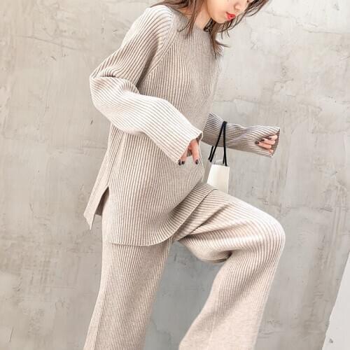 Fall Clothes For Women Casual Full Korean Ladylike O-Neck Pullover Two Piece Set soft Sweater Wide leg pants simple