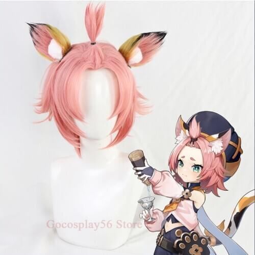 Genshin Impact Diona Wig Cosplay Ears Pink Straight Short Heat Resistant Hair Women Halloween Role Play Diona Cosplay
