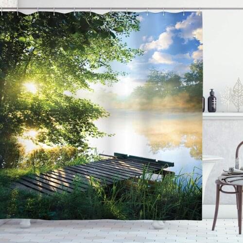Landscape Shower Curtain Fishing Pier by River in The Morning with Clouds and Trees Nature Image Cloth Bathroom Decor Set