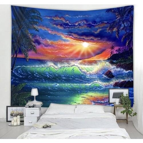 Beach landscape psychedelic abstract tapestry art deco blanket curtain hanging home bedroom decoration polyester hippie