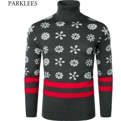 Christmas Sweater Mens High Neck Snow Printing Xmas Pullover Casual Warm Pull Streetwear Ribbed Hem Turtleneck Sweaters Men