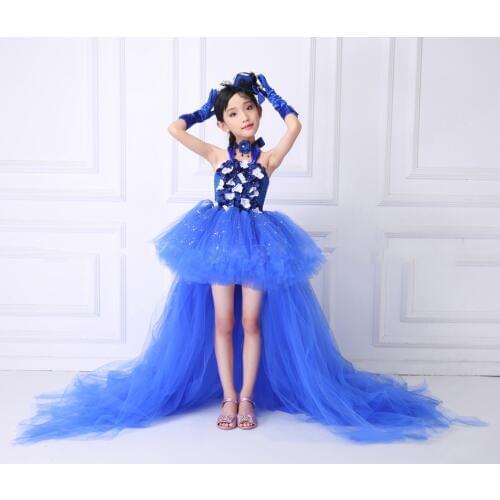 POSH DREAM Sequin Royal Blue Flower Girls Dresses for Party Mermaid Flower Kids Girls Tutu Dress with Train Tulle Kids Clothes