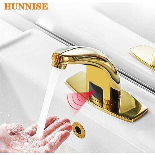 Sensor Basin Faucet Luxury Gold Bathroom Sensor Faucets Deck Mounted Sensitive Sensor Bathroom Tap with DC Sensor Basin Faucets