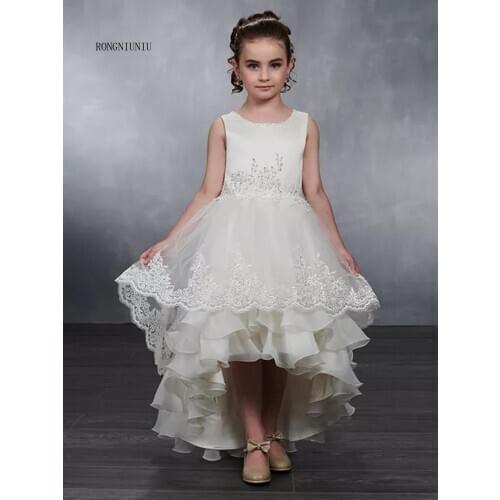 O-Neck High Low Tulle Lace Up Applique Flowe Gril Dresses Beaded First Communion Fomal Dress For Kids Wedding Dresses