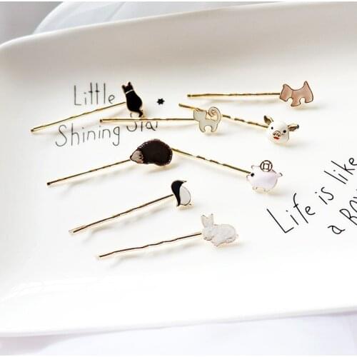 60pcs/lot wholesale Animal Rabbit cat penguin Hedgehog Dog hairpin headdress a word girl hairpin simple fashion hair accessories