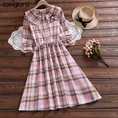 Women College style Cotton Dresses Autumn Full Sleeve Doll Collar Plaid A-Line Dress Female Drawstring Single-breasted Vestidos